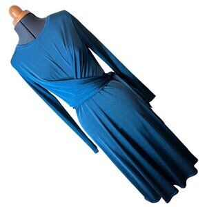 Halogen M Teal Stretch Wrap Dress Long Sleeve Knee-Length